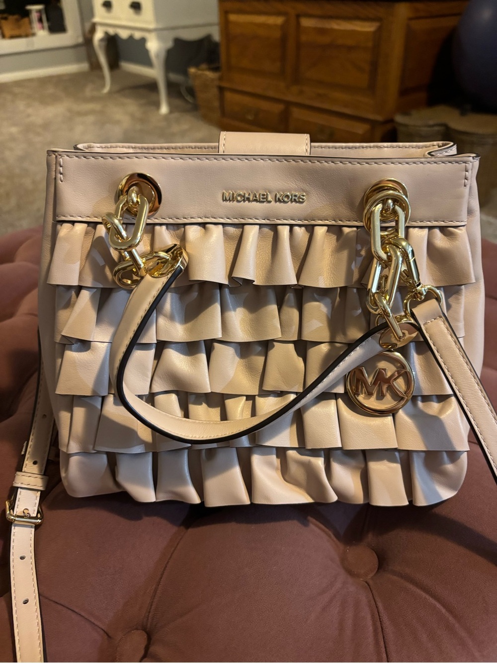 Michael Kors Ruffled Leather Satchel in Pale Blush with Gold Hardware